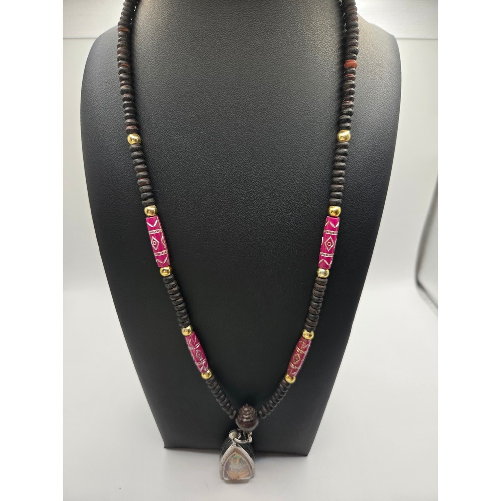 Thai Buddhist Amulet Necklace Wood Beaded Magenta Accents Spiritual Pendant